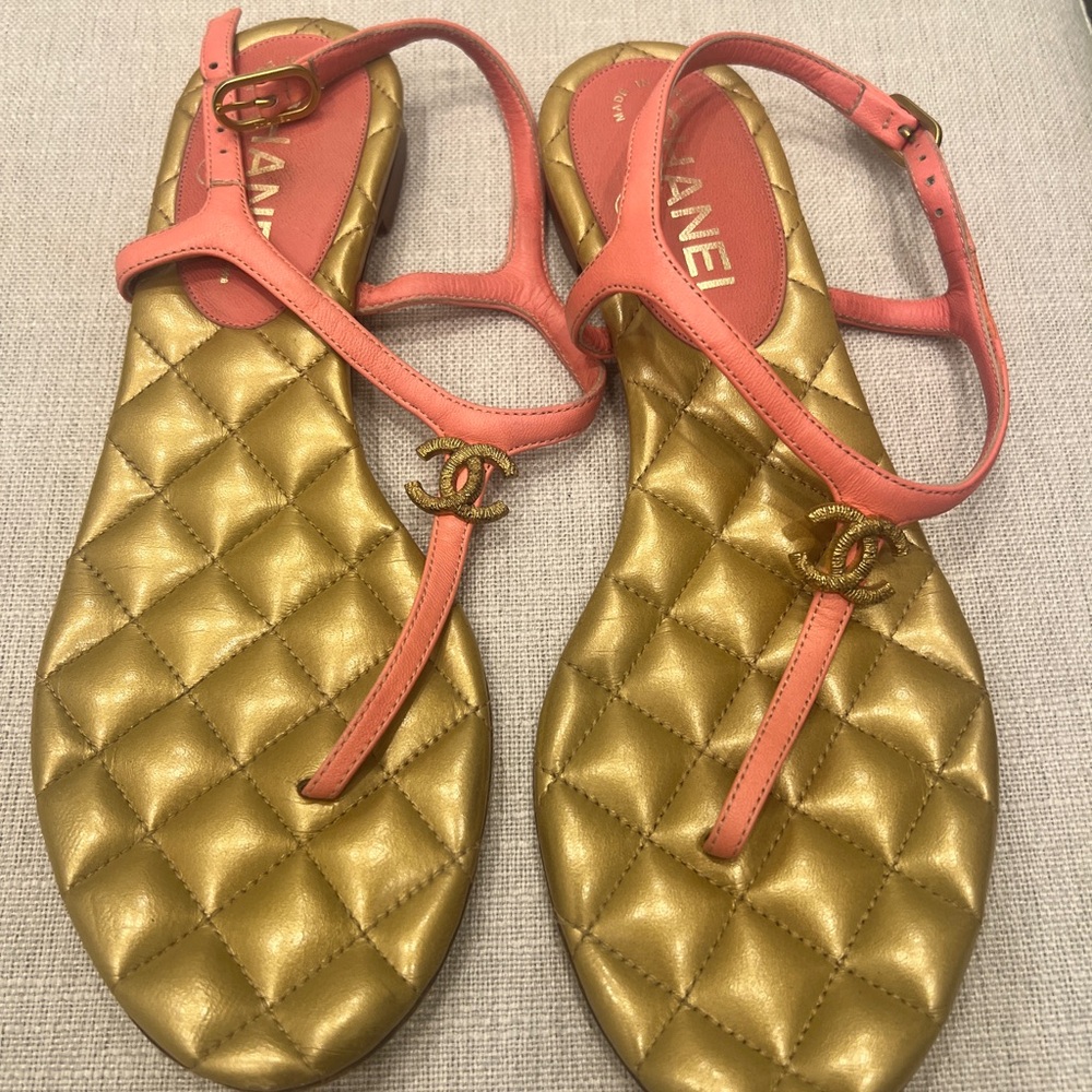 Chanel Gold and Coral Sandals